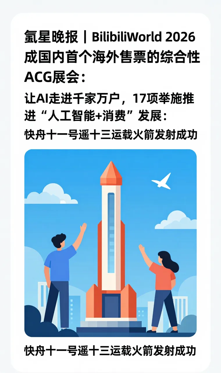 氪星晚报｜BilibiliWorld 2026成国内首个海外售票的综合性ACG展会；让AI走进千家万户，17项举措推进“人工智能+消费”发展；快舟十一号遥十三运载火箭发射成功